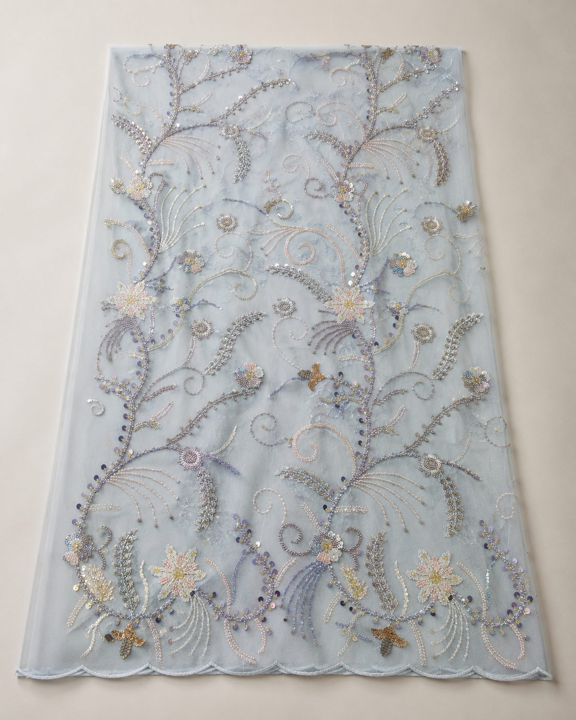 Embellished Net Fabric – Grey Blue Multicolour Pastel Floral Vine Bead & Sequin Embroidered with Scallop Border