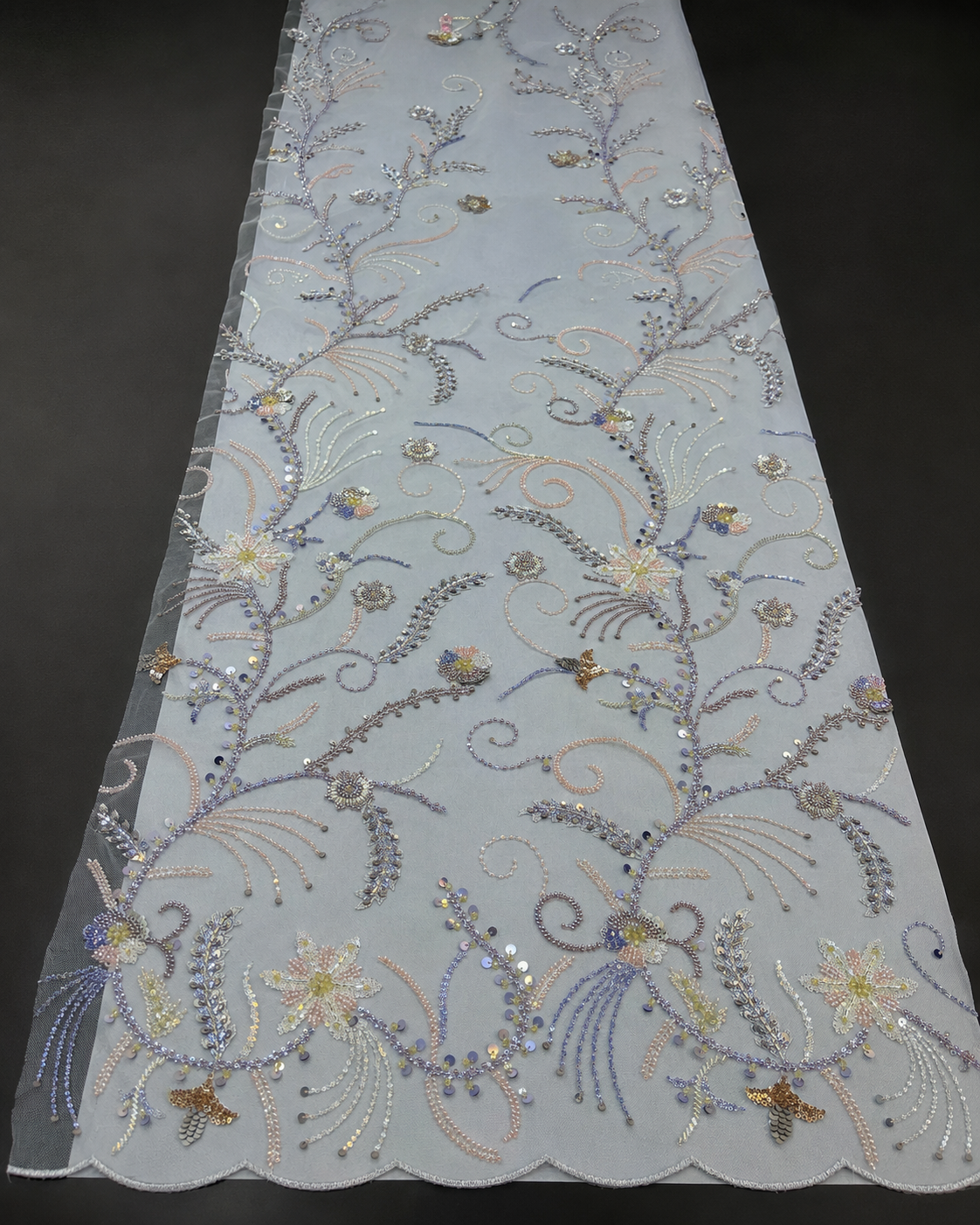 Embellished Net Fabric – Grey Blue Multicolour Pastel Floral Vine Bead & Sequin Embroidered with Scallop Border - Image 2