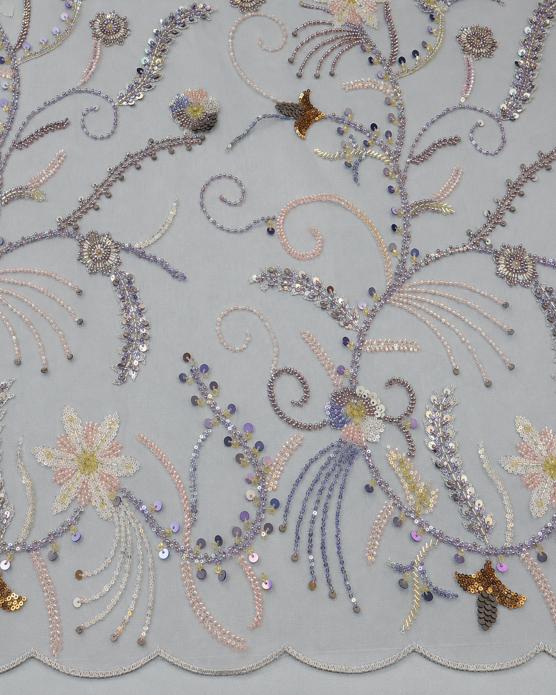 Embellished Net Fabric – Grey Blue Multicolour Pastel Floral Vine Bead & Sequin Embroidered with Scallop Border - Image 3