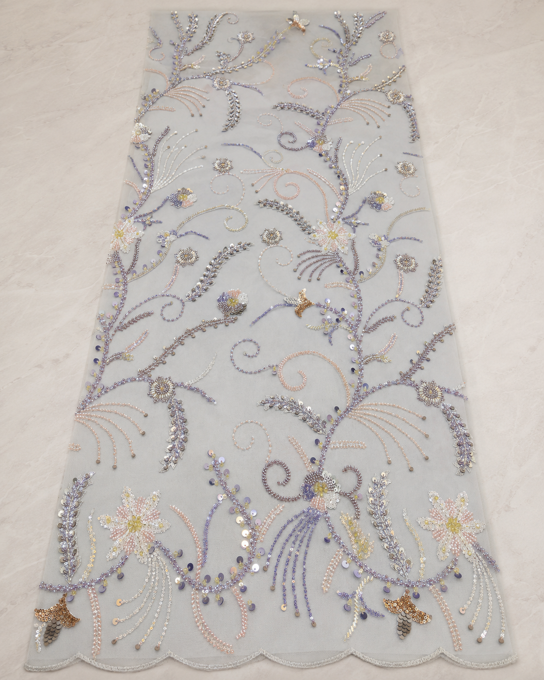 Embellished Net Fabric – Grey Blue Multicolour Pastel Floral Vine Bead & Sequin Embroidered with Scallop Border - Image 4