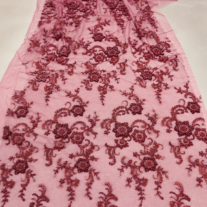 Embellished Net Fabric – Rose Pink & Deep Burgundy Floral Scroll Seed Bead & Sequin Embroidered with Scallop Border