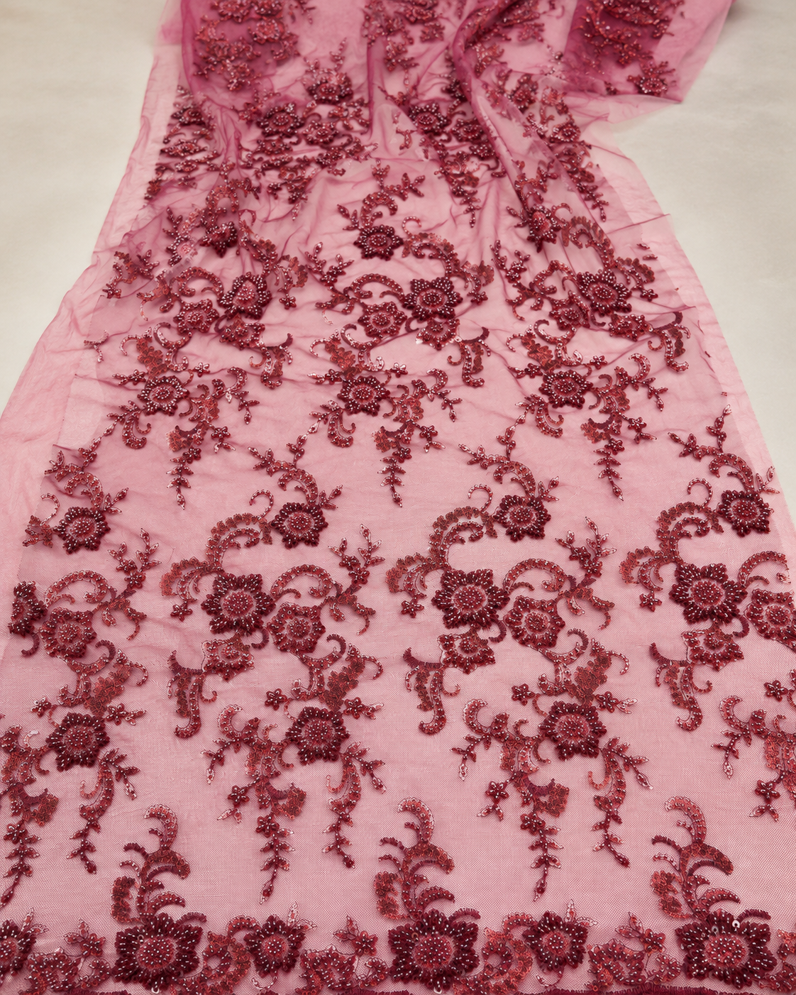Embellished Net Fabric – Rose Pink & Deep Burgundy Floral Scroll Seed Bead & Sequin Embroidered with Scallop Border