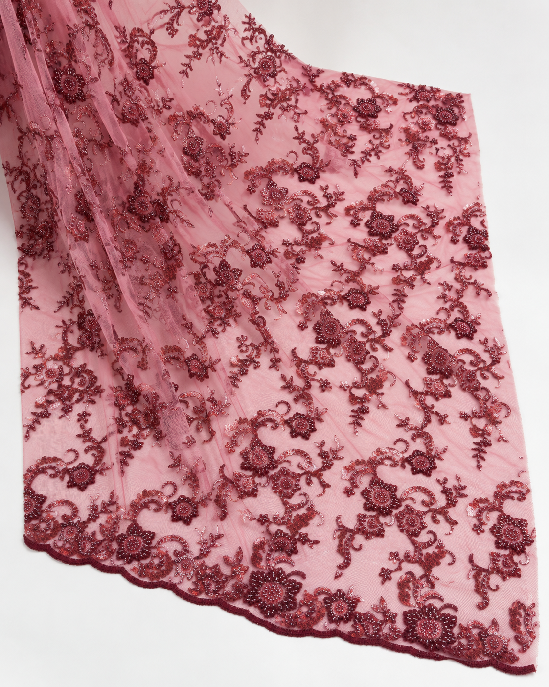 Embellished Net Fabric – Rose Pink & Deep Burgundy Floral Scroll Seed Bead & Sequin Embroidered with Scallop Border - Image 2