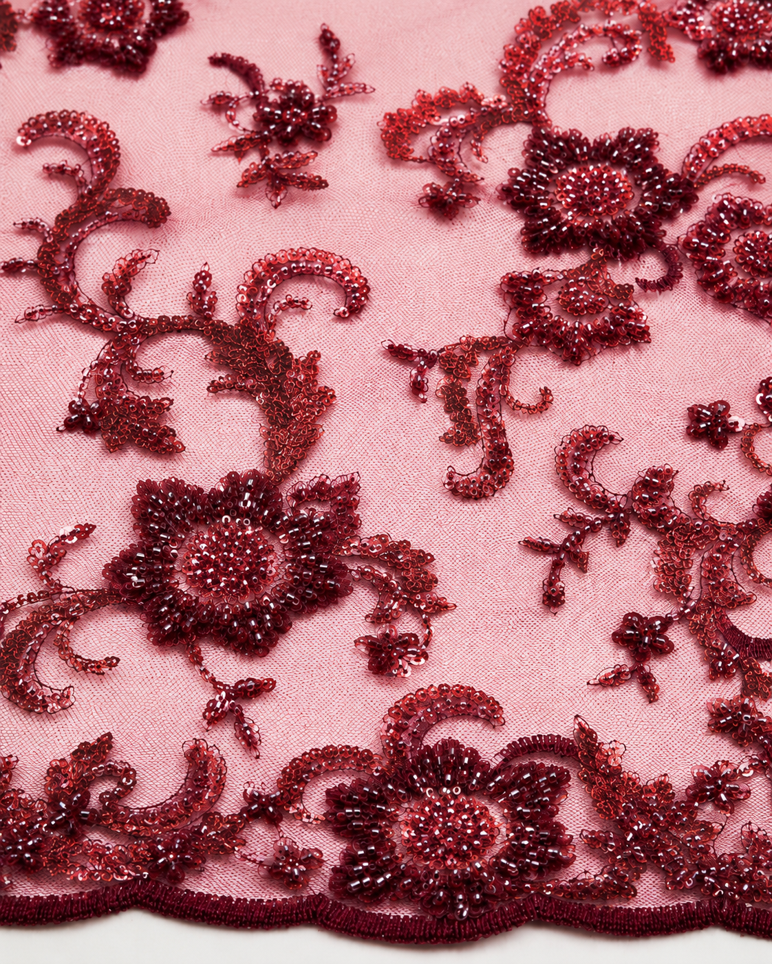Embellished Net Fabric – Rose Pink & Deep Burgundy Floral Scroll Seed Bead & Sequin Embroidered with Scallop Border - Image 3