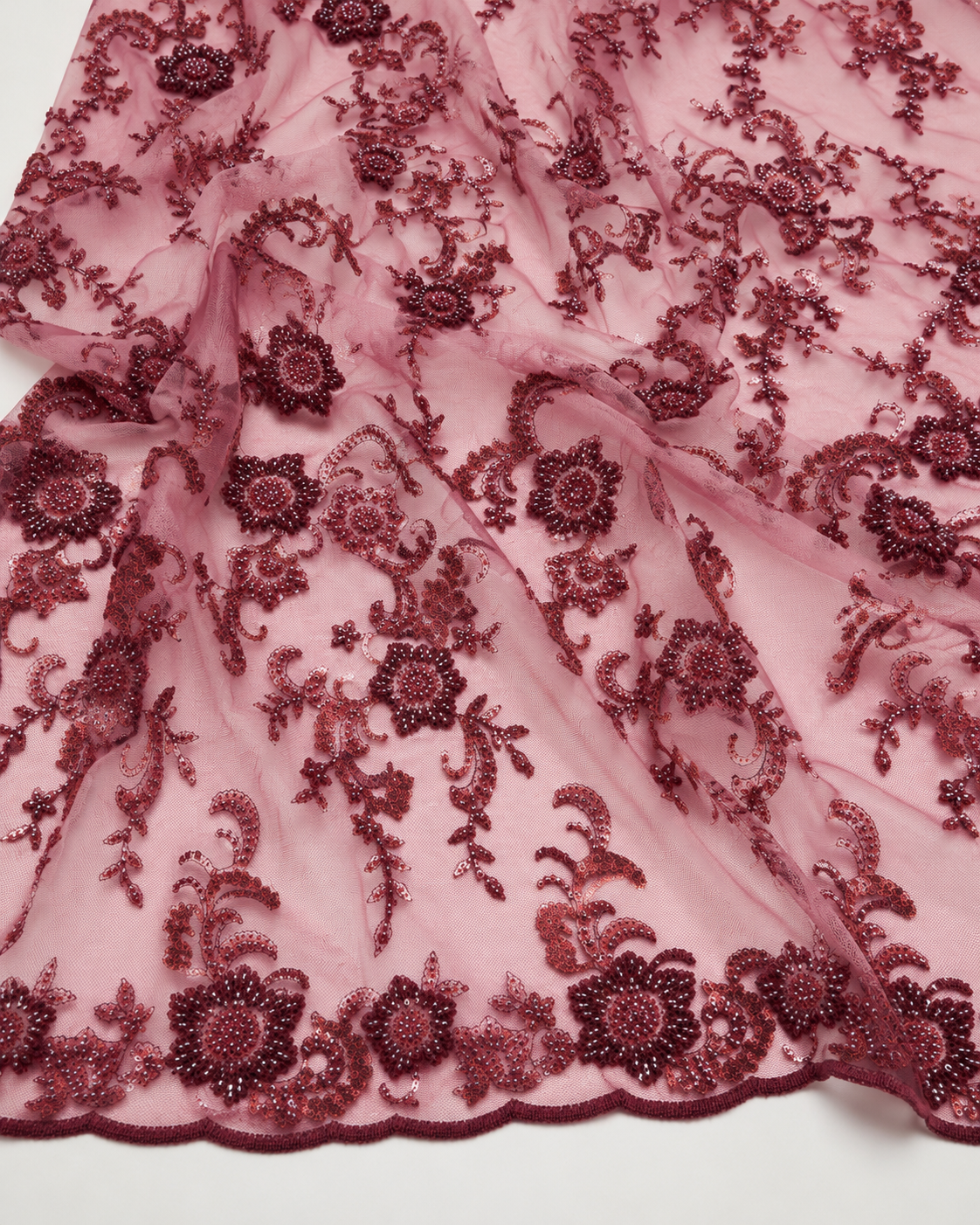 Embellished Net Fabric – Rose Pink & Deep Burgundy Floral Scroll Seed Bead & Sequin Embroidered with Scallop Border - Image 4