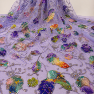Embellished Net Fabric – Lavender Base Multicolour Rainbow Leaf Appliqué & Silver Bead Vine Scroll Embroidered