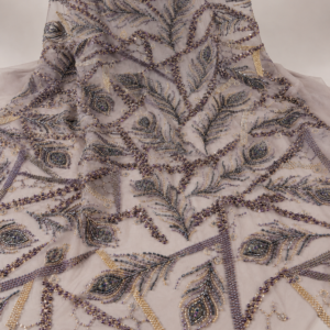 Bridal Net Fabric – Taupe Grey Peacock Feather & Eye Motif Amethyst, Champagne Gold & Gunmetal Bead Embroidered with Bead Fringe Border