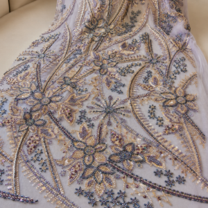Bridal Net Fabric – Silver Grey Base Champagne Gold & Gunmetal Botanical Floral Spray Seed Bead & Sequin Embroidered with Bead Fringe Hem