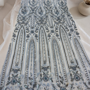 Bridal Net Fabric – Ice Blue & White Architectural Arch Column Floral Thread, Seed Bead & Sequin Embroidered with Floral Scallop Border