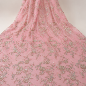 Embellished Net Fabric – Baby Pink & Silver Tonal Floral Bouquet Scatter Seed Bead & Sequin Embroidered with Scallop Bead Border
