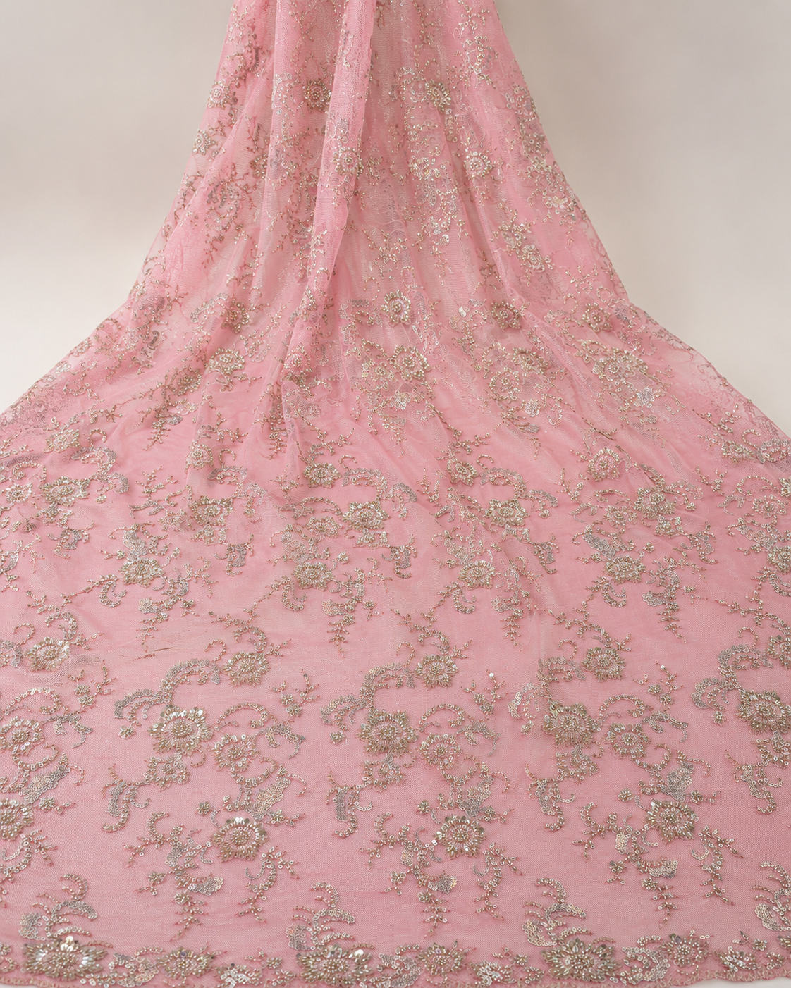 Embellished Net Fabric – Baby Pink & Silver Tonal Floral Bouquet Scatter Seed Bead & Sequin Embroidered with Scallop Bead Border
