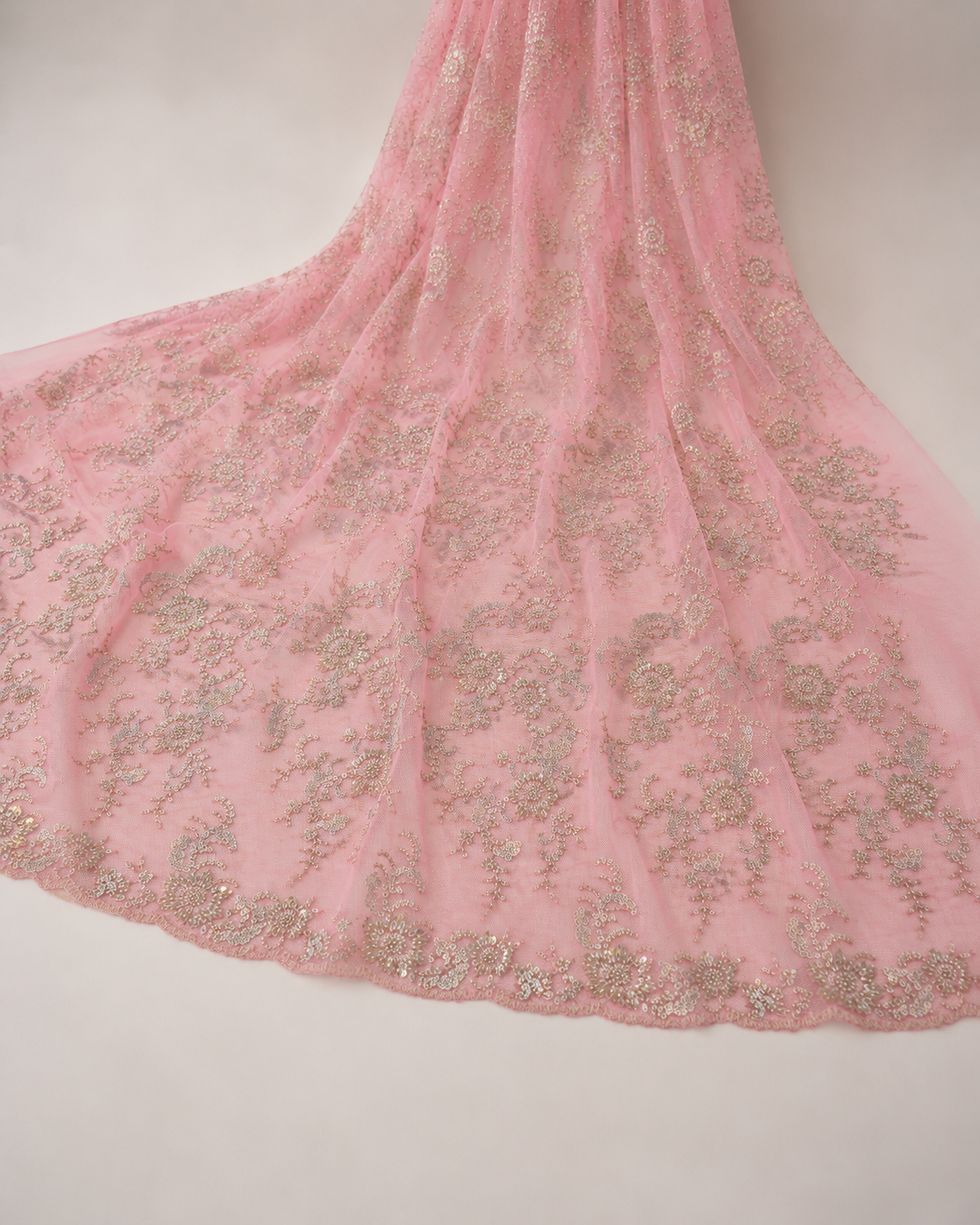 Embellished Net Fabric – Baby Pink & Silver Tonal Floral Bouquet Scatter Seed Bead & Sequin Embroidered with Scallop Bead Border - Image 2
