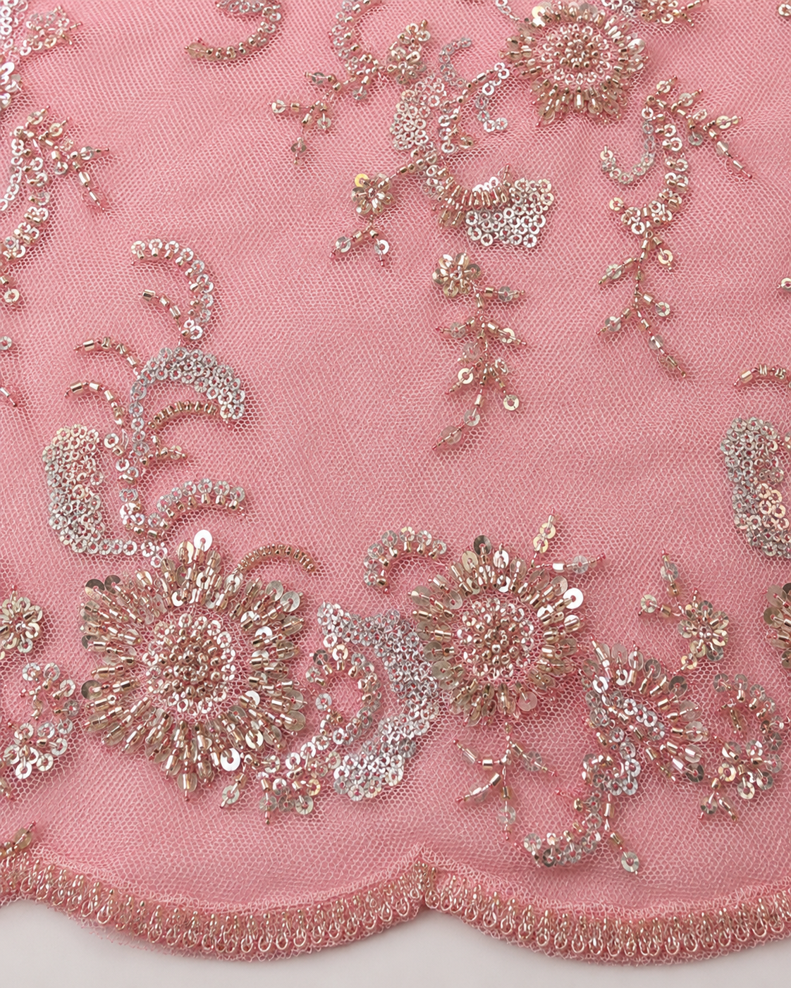 Embellished Net Fabric – Baby Pink & Silver Tonal Floral Bouquet Scatter Seed Bead & Sequin Embroidered with Scallop Bead Border - Image 3