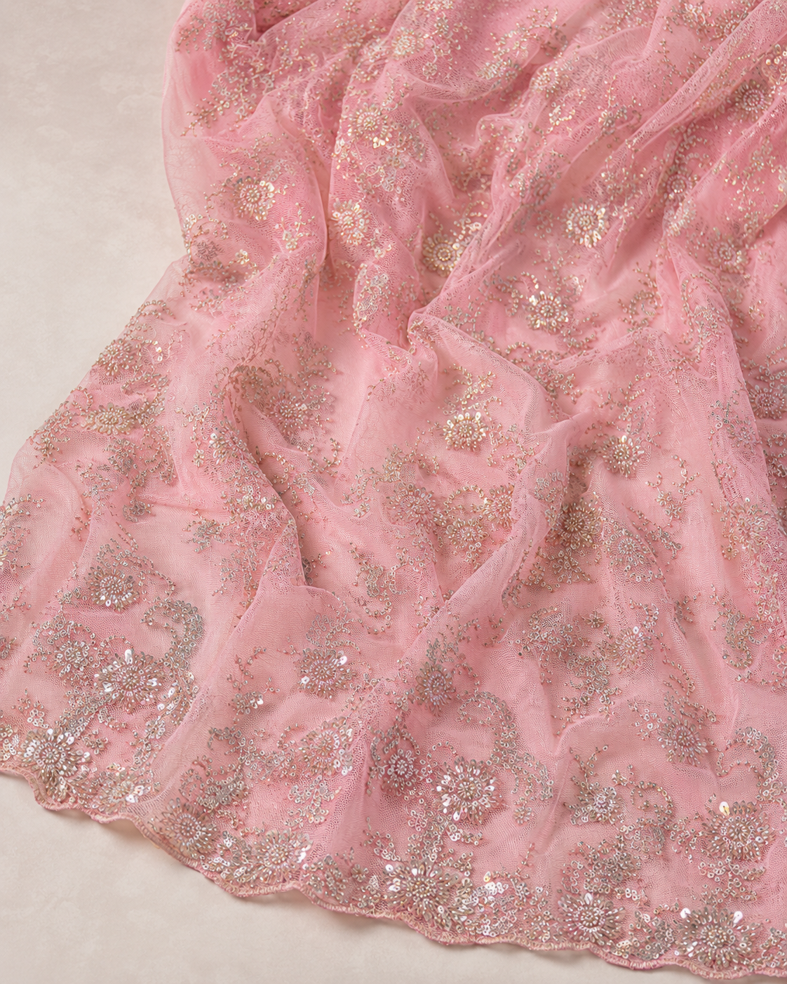 Embellished Net Fabric – Baby Pink & Silver Tonal Floral Bouquet Scatter Seed Bead & Sequin Embroidered with Scallop Bead Border - Image 4