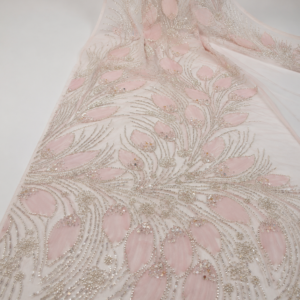 Bridal Net Fabric – Blush Pink & Silver Tonal Peacock Feather Fan & Floral Spray Seed Bead & Sequin Embroidered with Bead Fringe Hem