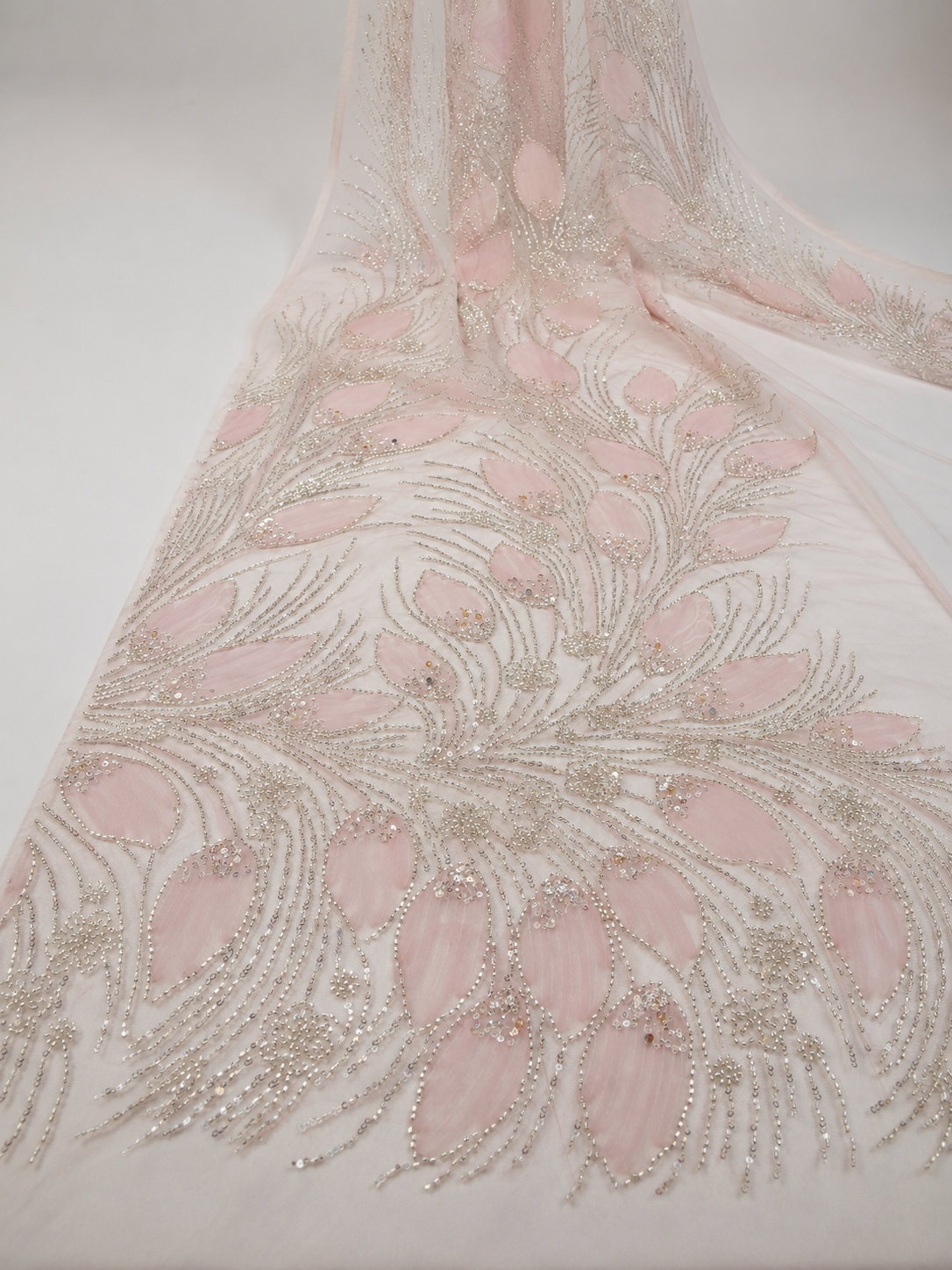 Bridal Net Fabric – Blush Pink & Silver Tonal Peacock Feather Fan & Floral Spray Seed Bead & Sequin Embroidered with Bead Fringe Hem