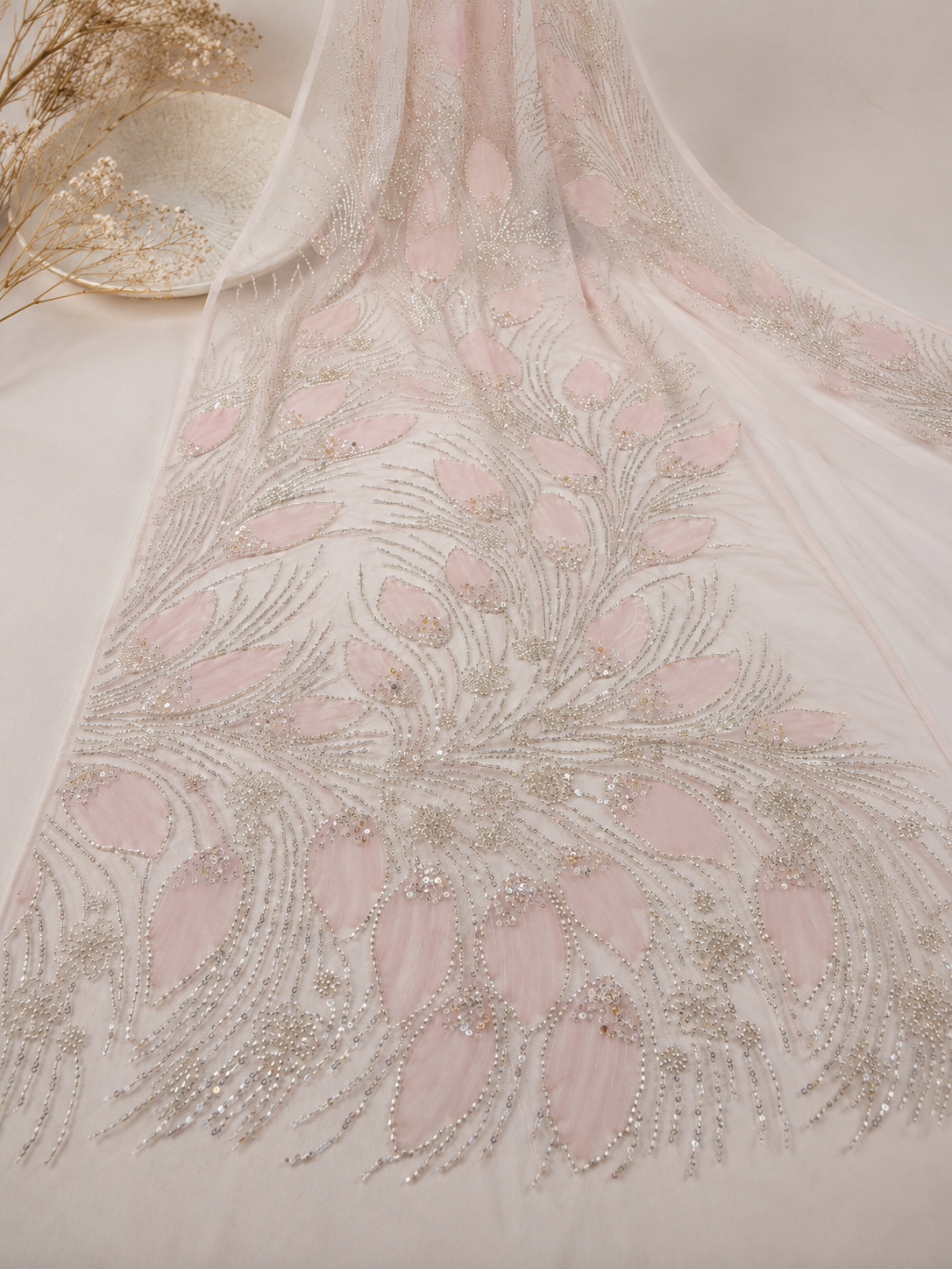 Bridal Net Fabric – Blush Pink & Silver Tonal Peacock Feather Fan & Floral Spray Seed Bead & Sequin Embroidered with Bead Fringe Hem - Image 2
