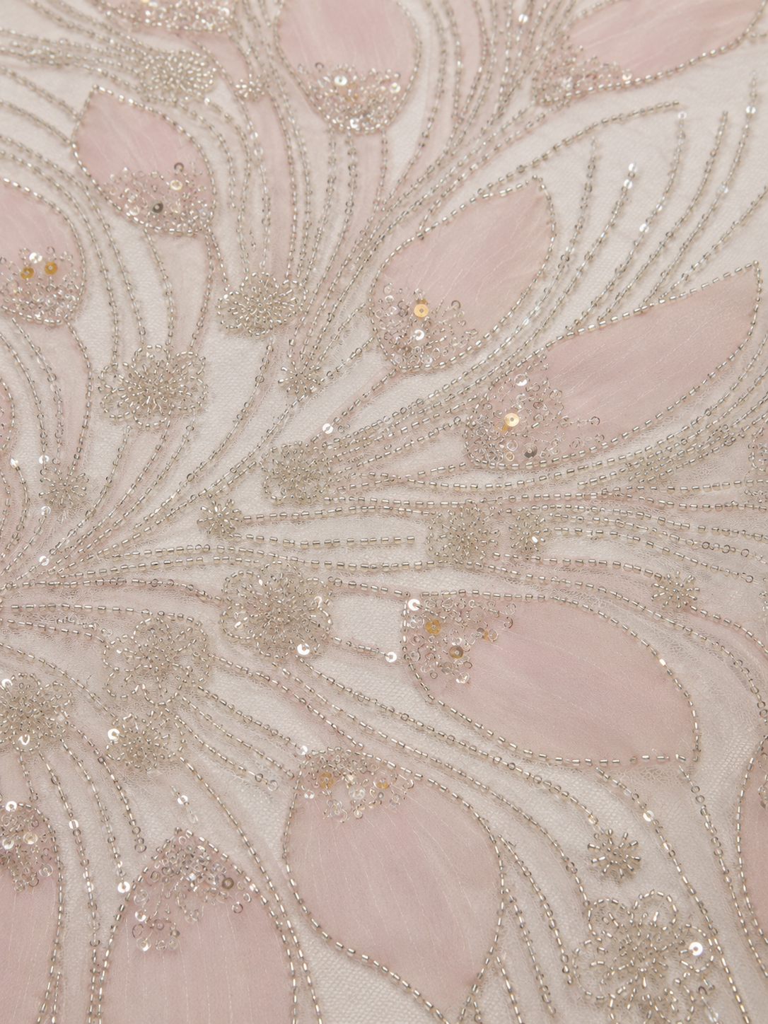 Bridal Net Fabric – Blush Pink & Silver Tonal Peacock Feather Fan & Floral Spray Seed Bead & Sequin Embroidered with Bead Fringe Hem - Image 3