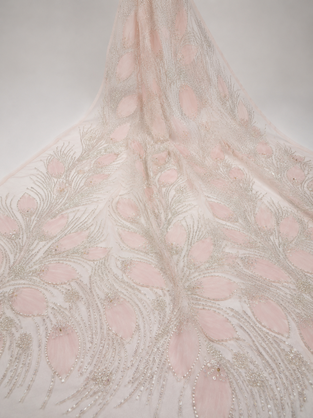 Bridal Net Fabric – Blush Pink & Silver Tonal Peacock Feather Fan & Floral Spray Seed Bead & Sequin Embroidered with Bead Fringe Hem - Image 4