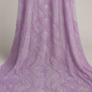 Bridal Net Fabric – Lilac & Silver Tonal Ogee Damask Wave Column Seed Bead & Sequin Embroidered with Scallop Border