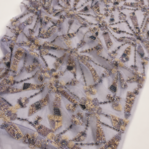 Embellished Net Fabric – Dusty Mauve & Champagne Gold Dragonfly & Floral Starburst Seed Bead & Bugle Bead Embroidered