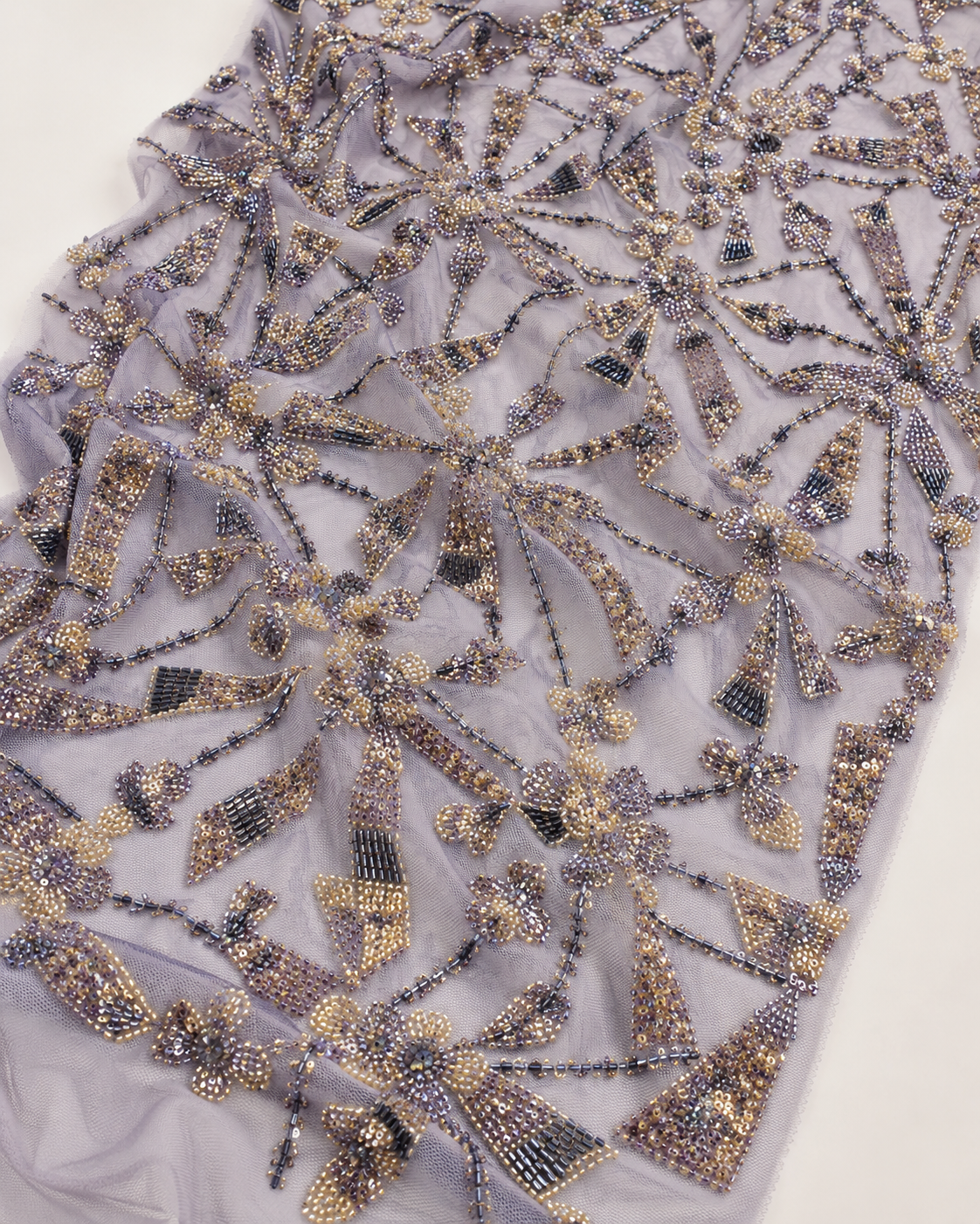 Embellished Net Fabric – Dusty Mauve & Champagne Gold Dragonfly & Floral Starburst Seed Bead & Bugle Bead Embroidered