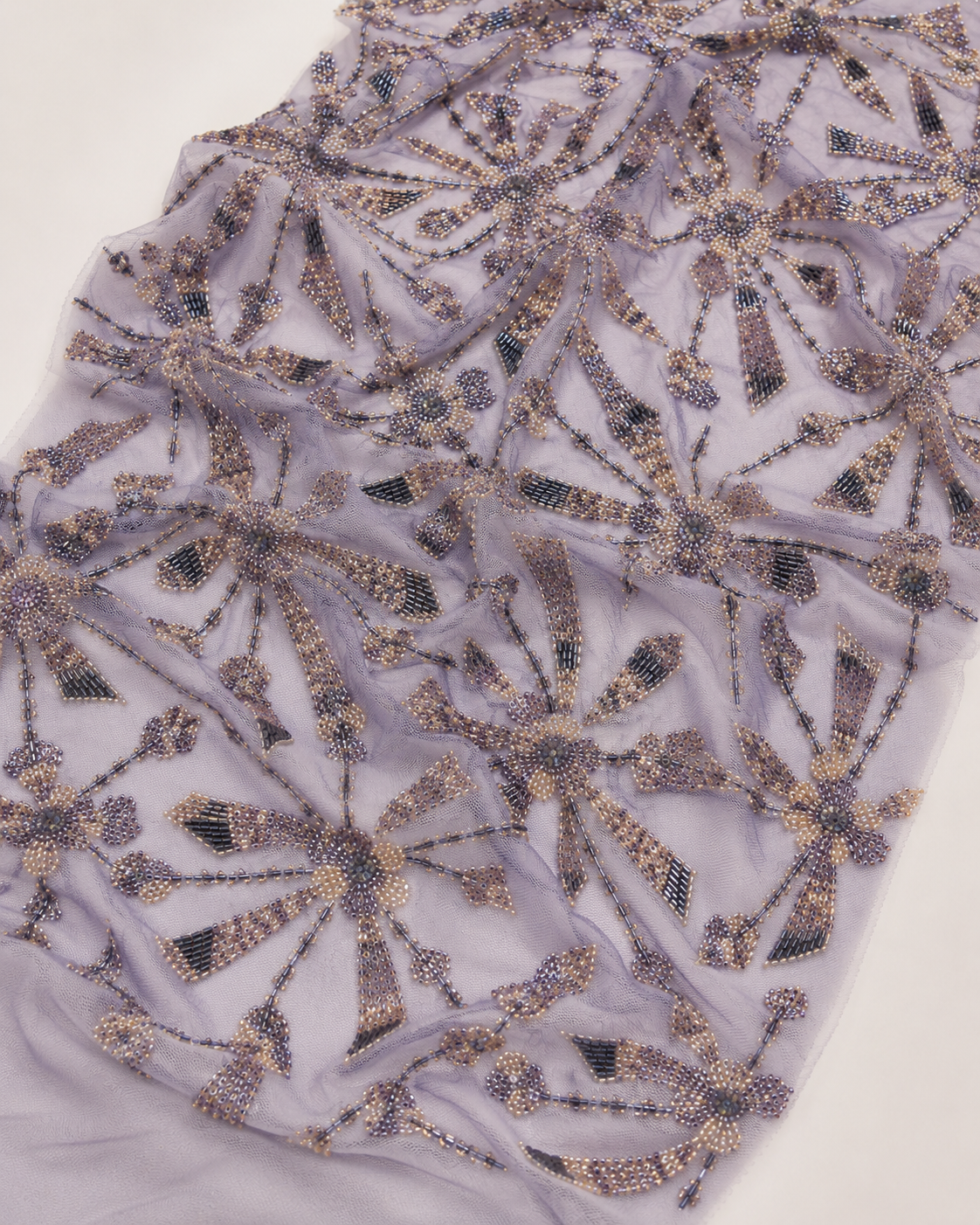 Embellished Net Fabric – Dusty Mauve & Champagne Gold Dragonfly & Floral Starburst Seed Bead & Bugle Bead Embroidered - Image 2