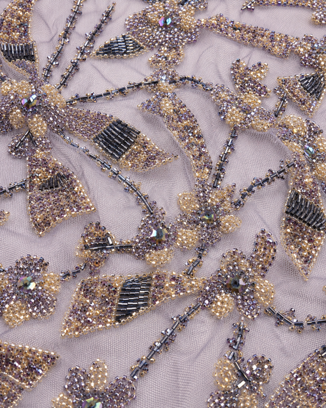 Embellished Net Fabric – Dusty Mauve & Champagne Gold Dragonfly & Floral Starburst Seed Bead & Bugle Bead Embroidered - Image 3