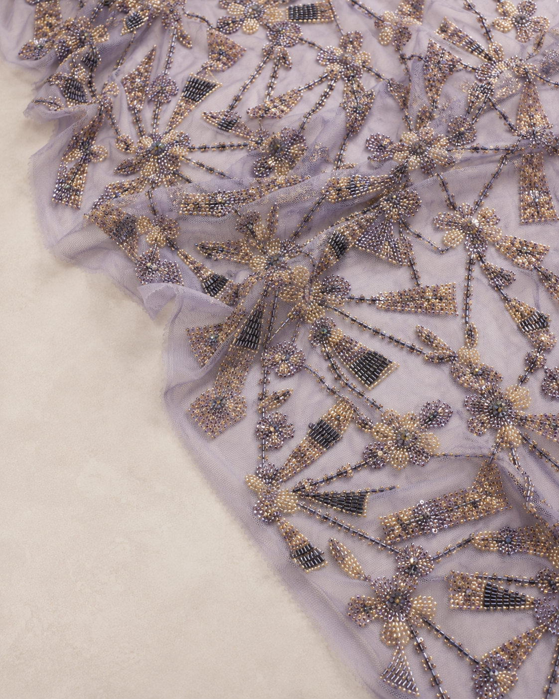 Embellished Net Fabric – Dusty Mauve & Champagne Gold Dragonfly & Floral Starburst Seed Bead & Bugle Bead Embroidered - Image 4