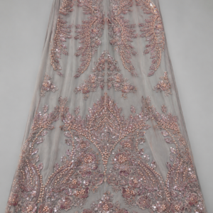 Bridal Net Fabric – Grey Taupe & Rose Gold Damask Bouquet Pearl Bead, Sequin & Thread Embroidered with Floral Scallop Border