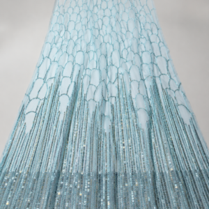 Embellished Net Fabric – Ice Blue Tonal Arch Scale & Vertical Sequin Waterfall Stripe with Scallop Border