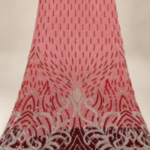 Bridal Net Fabric – Rose Pink & Crimson Red Art Deco Sunburst Fan Scroll Silver & Red Seed Bead & Sequin Embroidered with Crimson Scallop Border