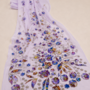 Embellished Net Fabric – White & Multicolour Botanical Floral & Leaf Appliqué Scatter Silver Seed Bead & Pearl Embroidered with Graduated Density
