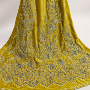 Velvet Fabric – Mustard Yellow & Teal Blue Botanical Floral Scroll Zardozi Thread & Seed Bead Embroidered with Ornate Scallop Border