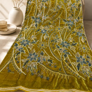 Velvet Fabric – Olive Gold & Teal Blue All-Over Floral Vine Zardozi Thread, Seed Bead & Pearl Embroidered with Bead Drop & Scallop Border