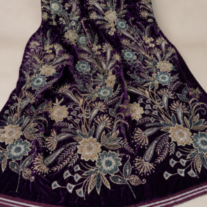Velvet Fabric – Deep Royal Purple All-Over Botanical Floral Bouquet Champagne Gold Zardozi, Teal Seed Bead & Sequin Embroidered with Satin Stripe Border