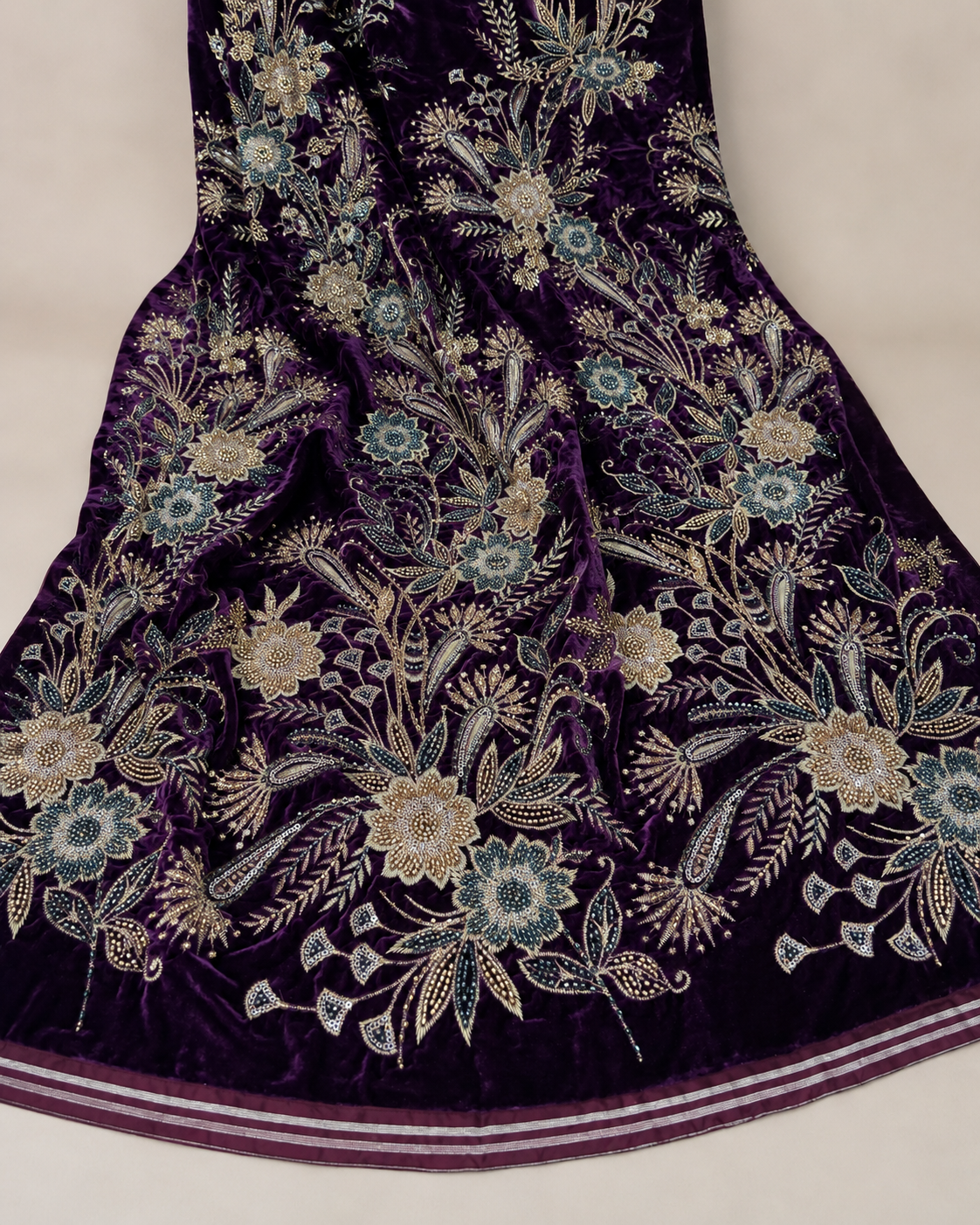 Velvet Fabric – Deep Royal Purple All-Over Botanical Floral Bouquet Champagne Gold Zardozi, Teal Seed Bead & Sequin Embroidered with Satin Stripe Border