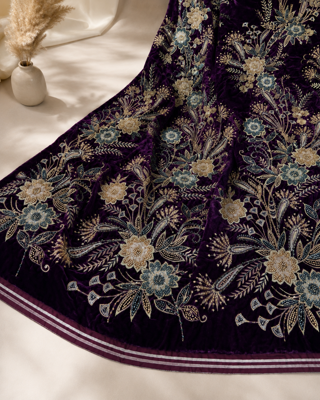 Velvet Fabric – Deep Royal Purple All-Over Botanical Floral Bouquet Champagne Gold Zardozi, Teal Seed Bead & Sequin Embroidered with Satin Stripe Border - Image 2