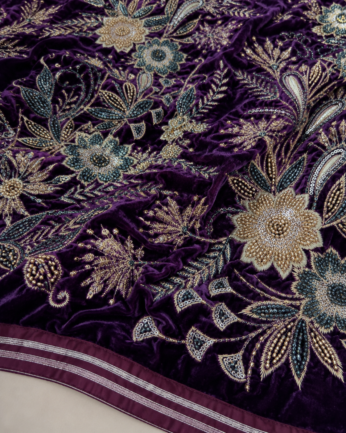 Velvet Fabric – Deep Royal Purple All-Over Botanical Floral Bouquet Champagne Gold Zardozi, Teal Seed Bead & Sequin Embroidered with Satin Stripe Border - Image 3