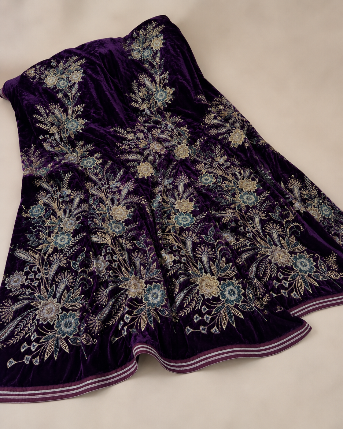 Velvet Fabric – Deep Royal Purple All-Over Botanical Floral Bouquet Champagne Gold Zardozi, Teal Seed Bead & Sequin Embroidered with Satin Stripe Border - Image 4