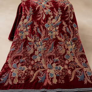 Velvet Fabric – Deep Crimson Red All-Over Botanical Floral Spray Antique Gold Zardozi, Teal Seed Bead & Honeycomb Thread Embroidered with Satin Stripe Border