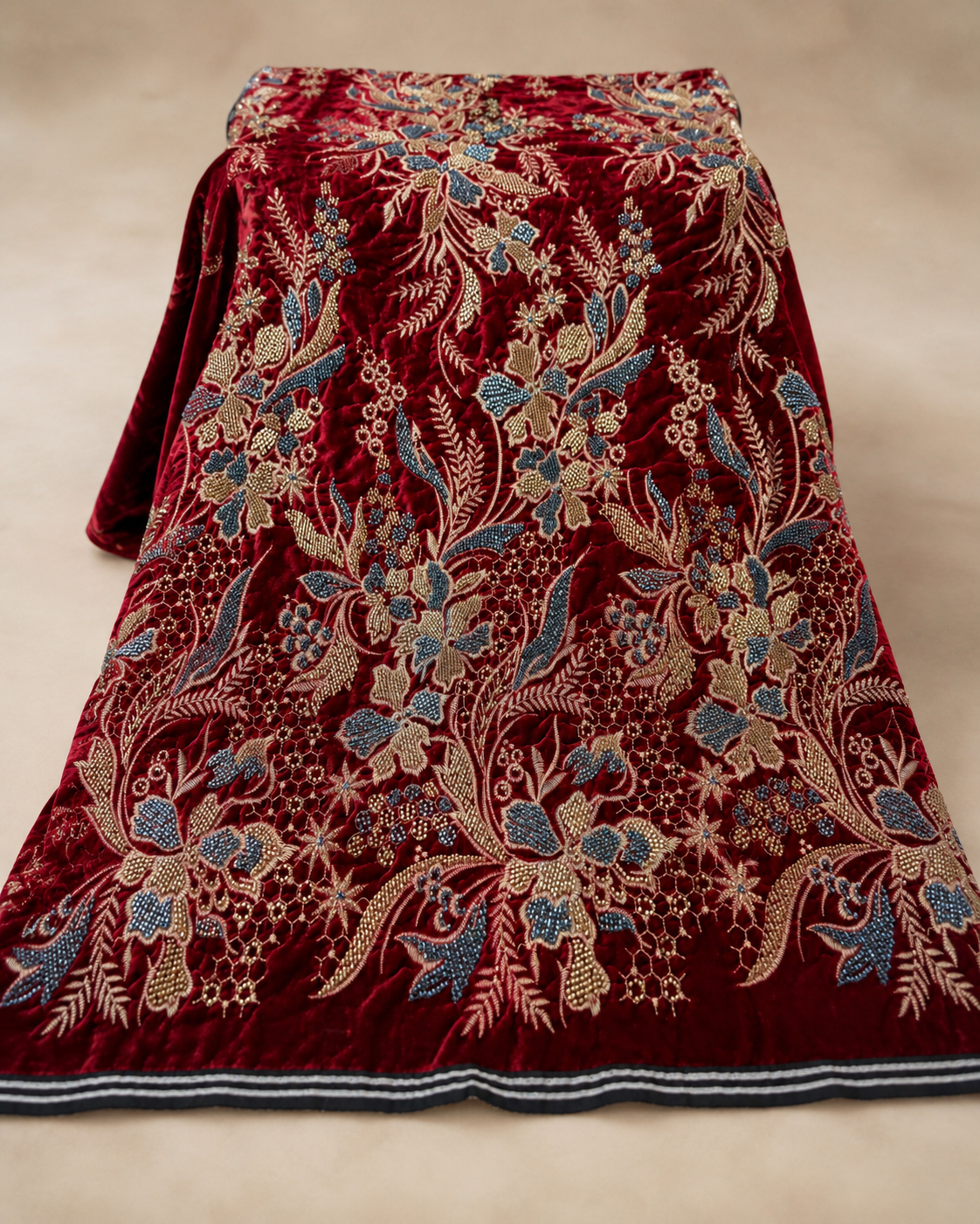 Velvet Fabric – Deep Crimson Red All-Over Botanical Floral Spray Antique Gold Zardozi, Teal Seed Bead & Honeycomb Thread Embroidered with Satin Stripe Border
