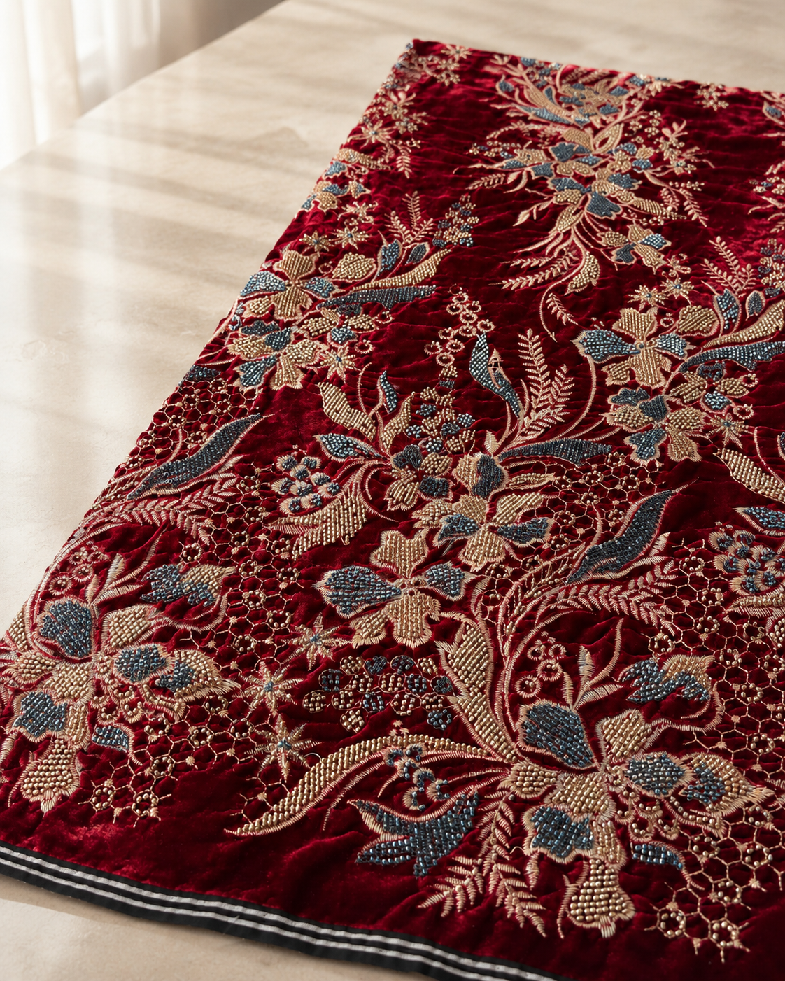 Velvet Fabric – Deep Crimson Red All-Over Botanical Floral Spray Antique Gold Zardozi, Teal Seed Bead & Honeycomb Thread Embroidered with Satin Stripe Border - Image 2