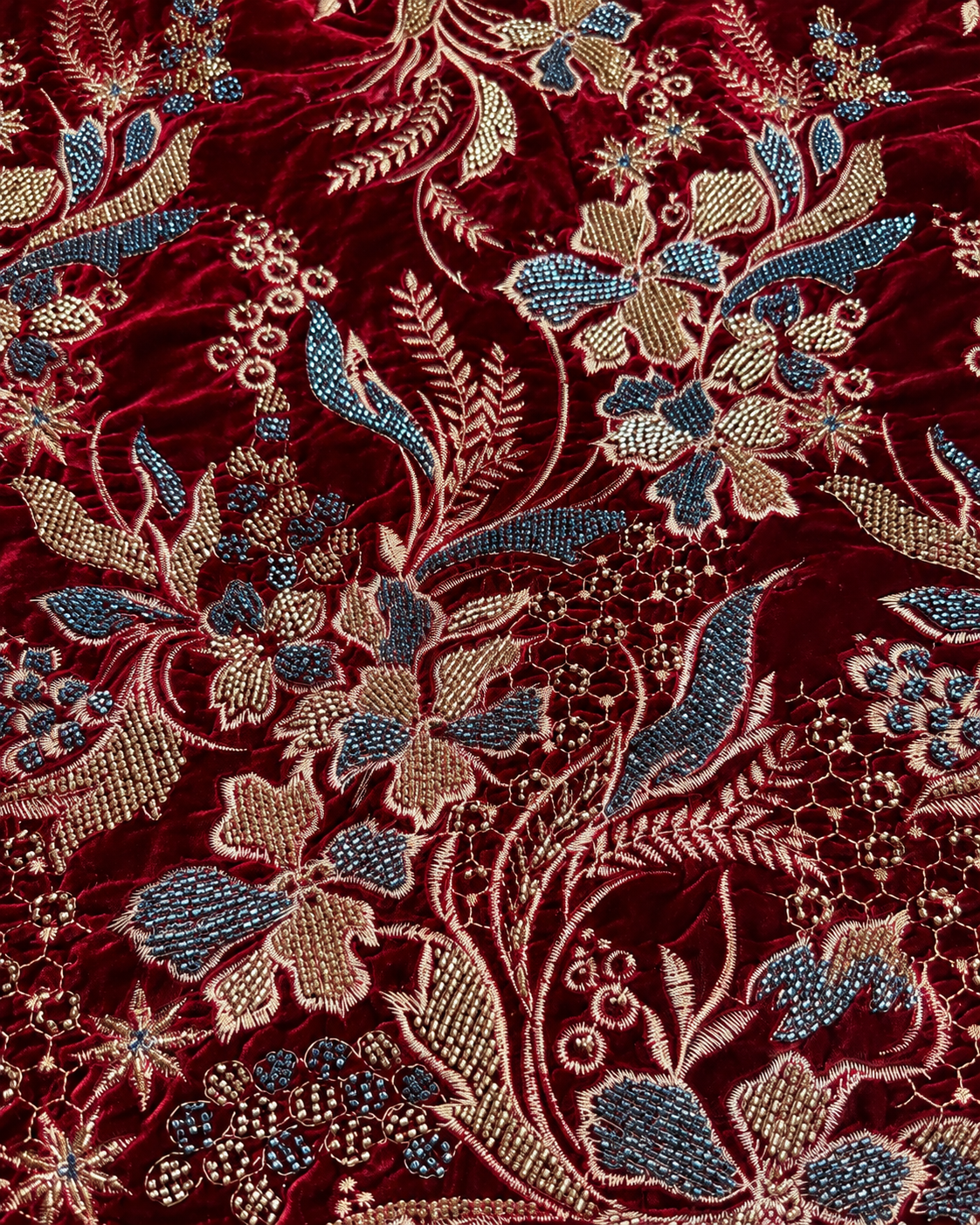 Velvet Fabric – Deep Crimson Red All-Over Botanical Floral Spray Antique Gold Zardozi, Teal Seed Bead & Honeycomb Thread Embroidered with Satin Stripe Border - Image 3