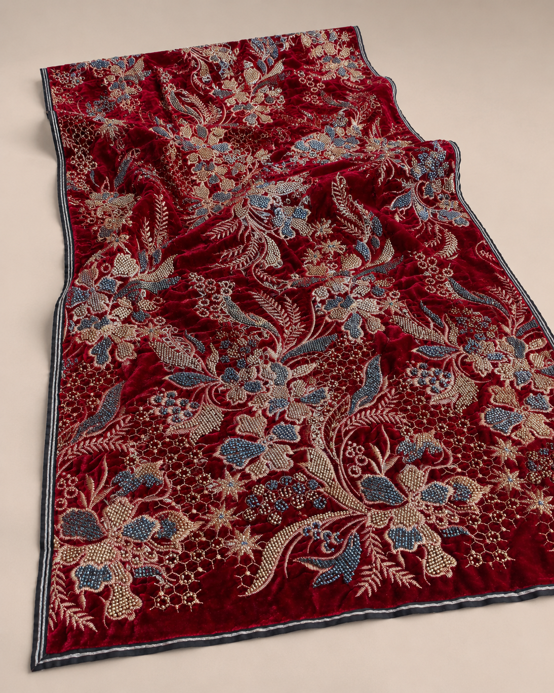 Velvet Fabric – Deep Crimson Red All-Over Botanical Floral Spray Antique Gold Zardozi, Teal Seed Bead & Honeycomb Thread Embroidered with Satin Stripe Border - Image 4