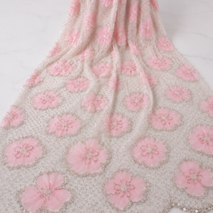 Embellished Net Fabric – Baby Pink & Cream White Large Floral Circle Appliqué All-Over Silver Seed Bead & Sequin Embroidered with Scallop Border