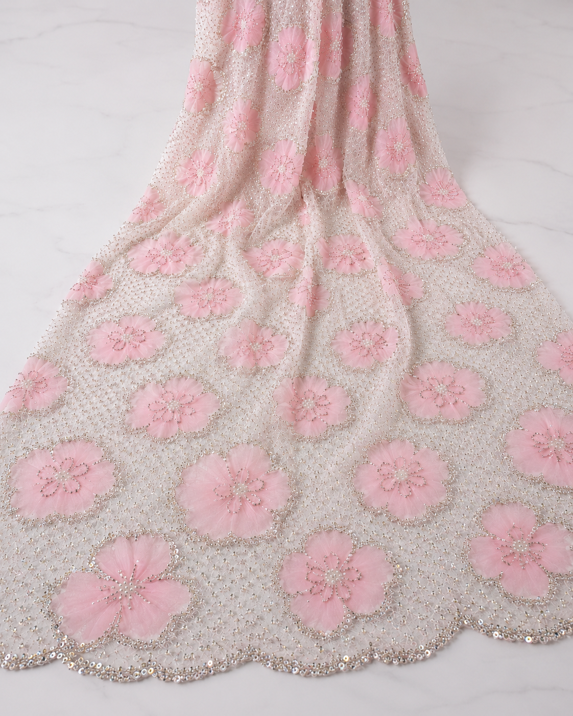 Embellished Net Fabric – Baby Pink & Cream White Large Floral Circle Appliqué All-Over Silver Seed Bead & Sequin Embroidered with Scallop Border