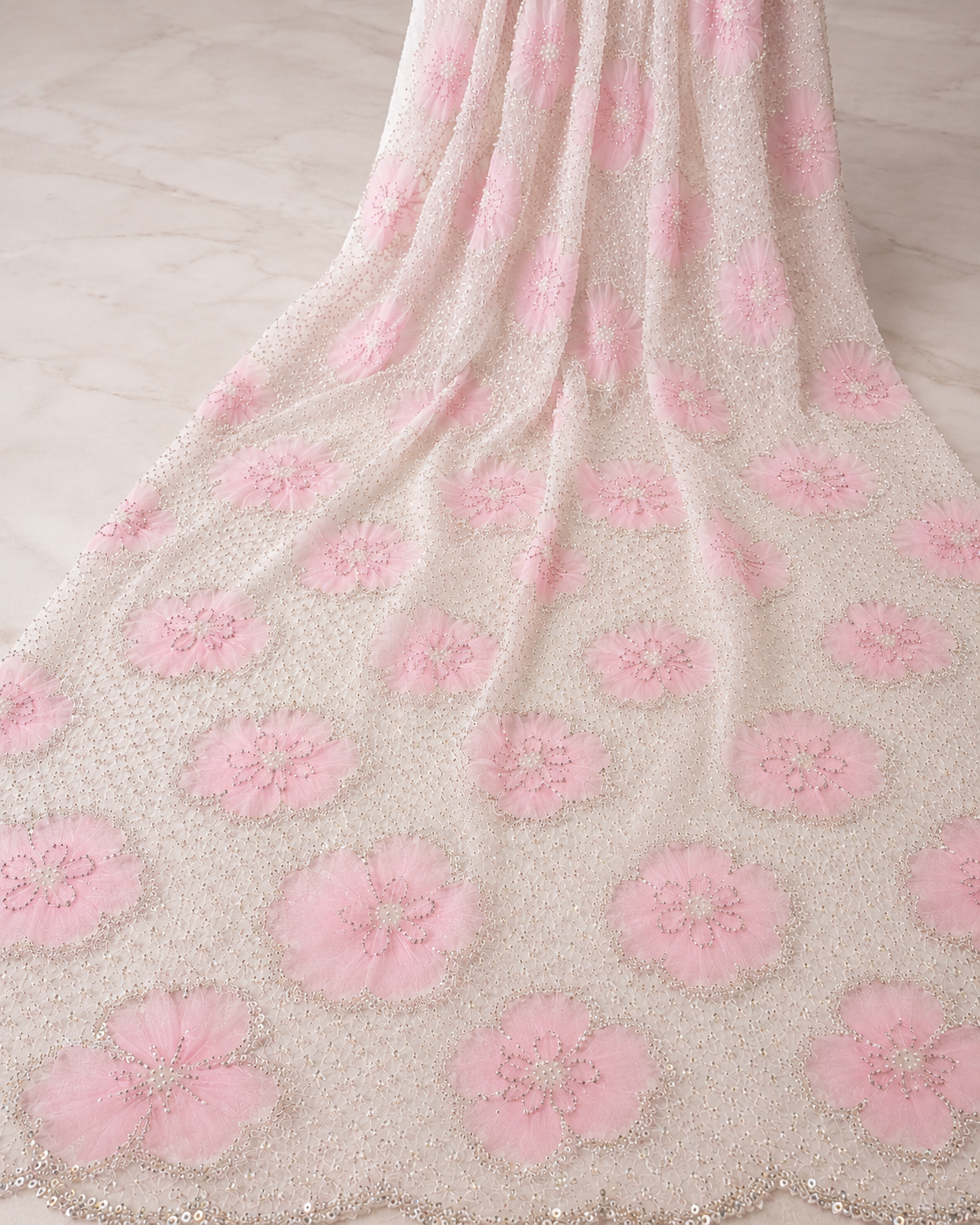 Embellished Net Fabric – Baby Pink & Cream White Large Floral Circle Appliqué All-Over Silver Seed Bead & Sequin Embroidered with Scallop Border - Image 2