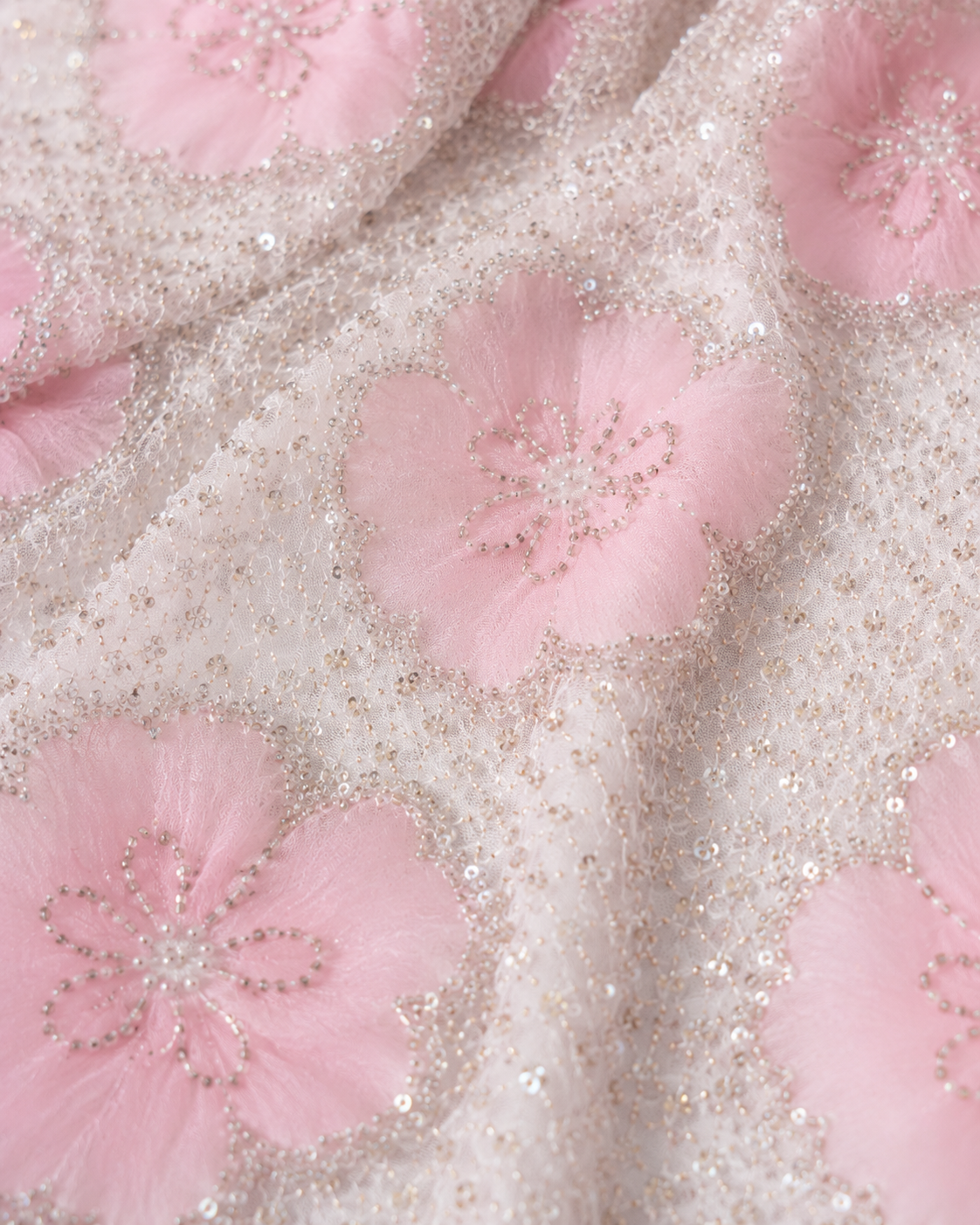 Embellished Net Fabric – Baby Pink & Cream White Large Floral Circle Appliqué All-Over Silver Seed Bead & Sequin Embroidered with Scallop Border - Image 3