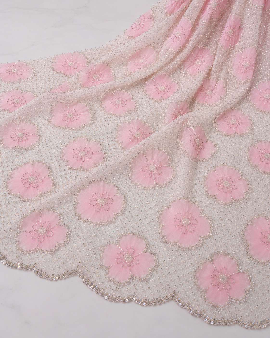 Embellished Net Fabric – Baby Pink & Cream White Large Floral Circle Appliqué All-Over Silver Seed Bead & Sequin Embroidered with Scallop Border - Image 4